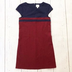 Excellent condition maroon/blue mini dress small. Short sleeves, capped sleeves